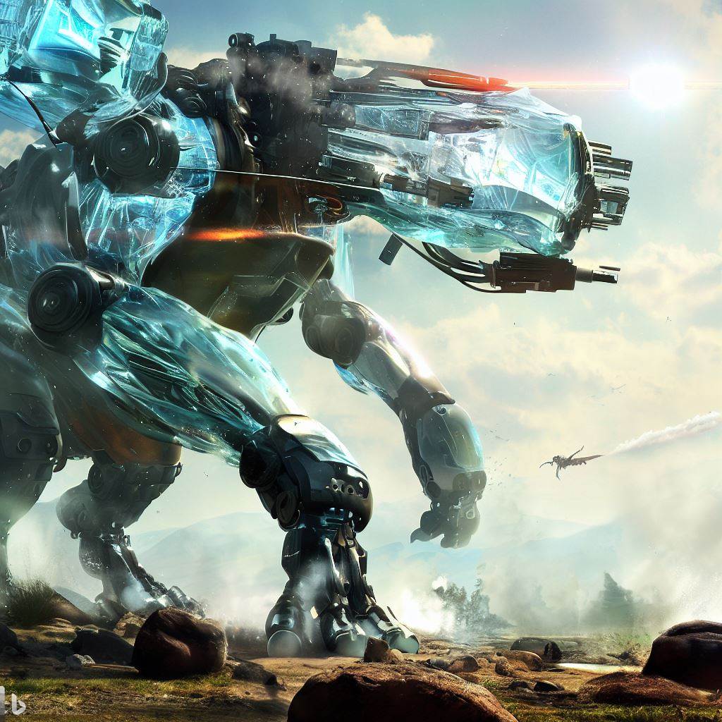 giant future mech dinosaur with glass body firing guns, rocks in foreground, wildlife in foreground, smoke, detailed clouds, lens flare 2.jpg